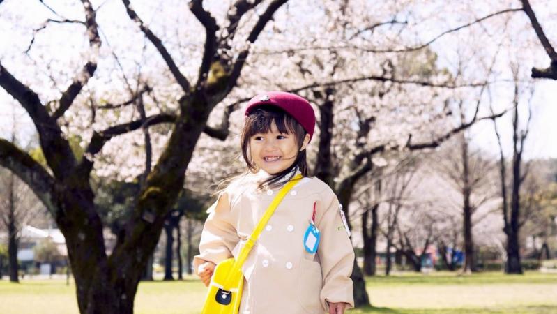 桜の木と幼稚園児