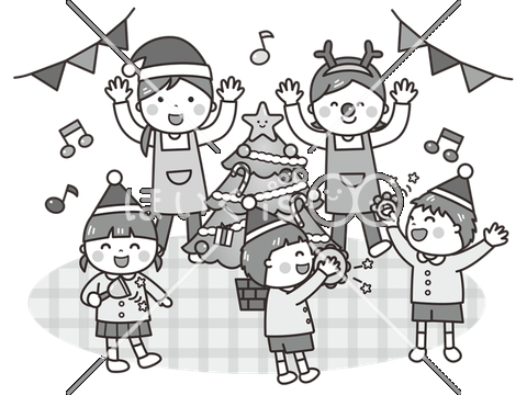 クリスマス会（モノクロ）｜12月のおたよりイラスト【PNG】