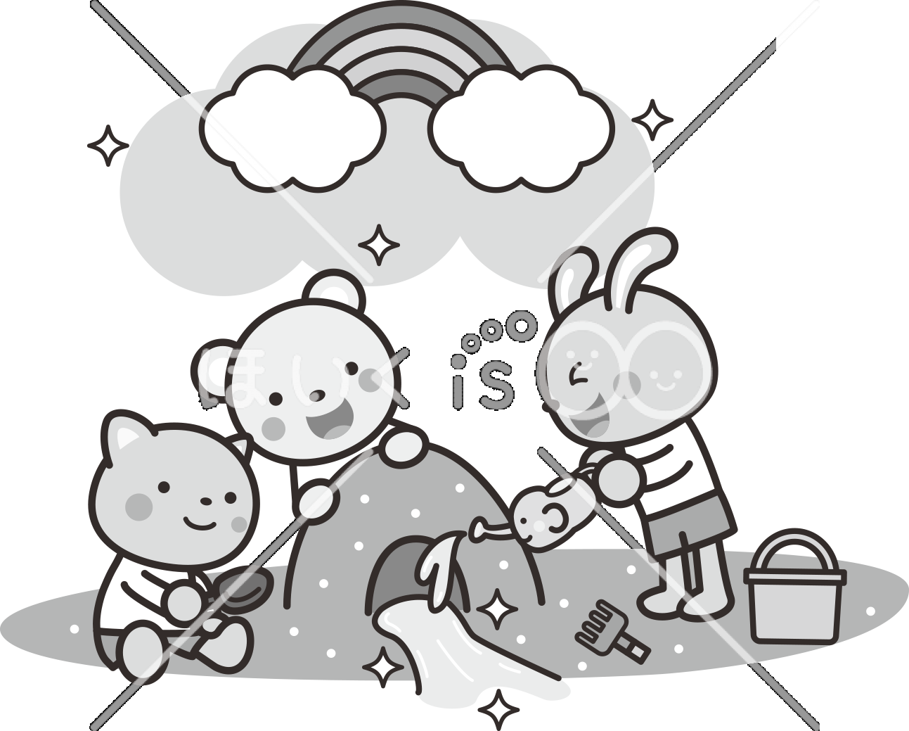 砂遊び（モノクロ）｜5月のおたよりイラスト【PNG】