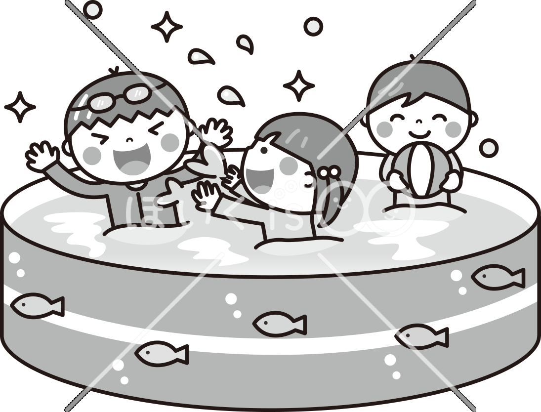 プール遊び（モノクロ）｜7月のおたよりイラスト【PNG】