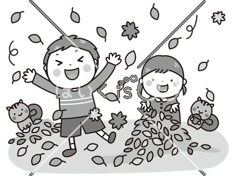 紅葉狩り（モノクロ）｜11月のおたよりイラスト【PNG】
