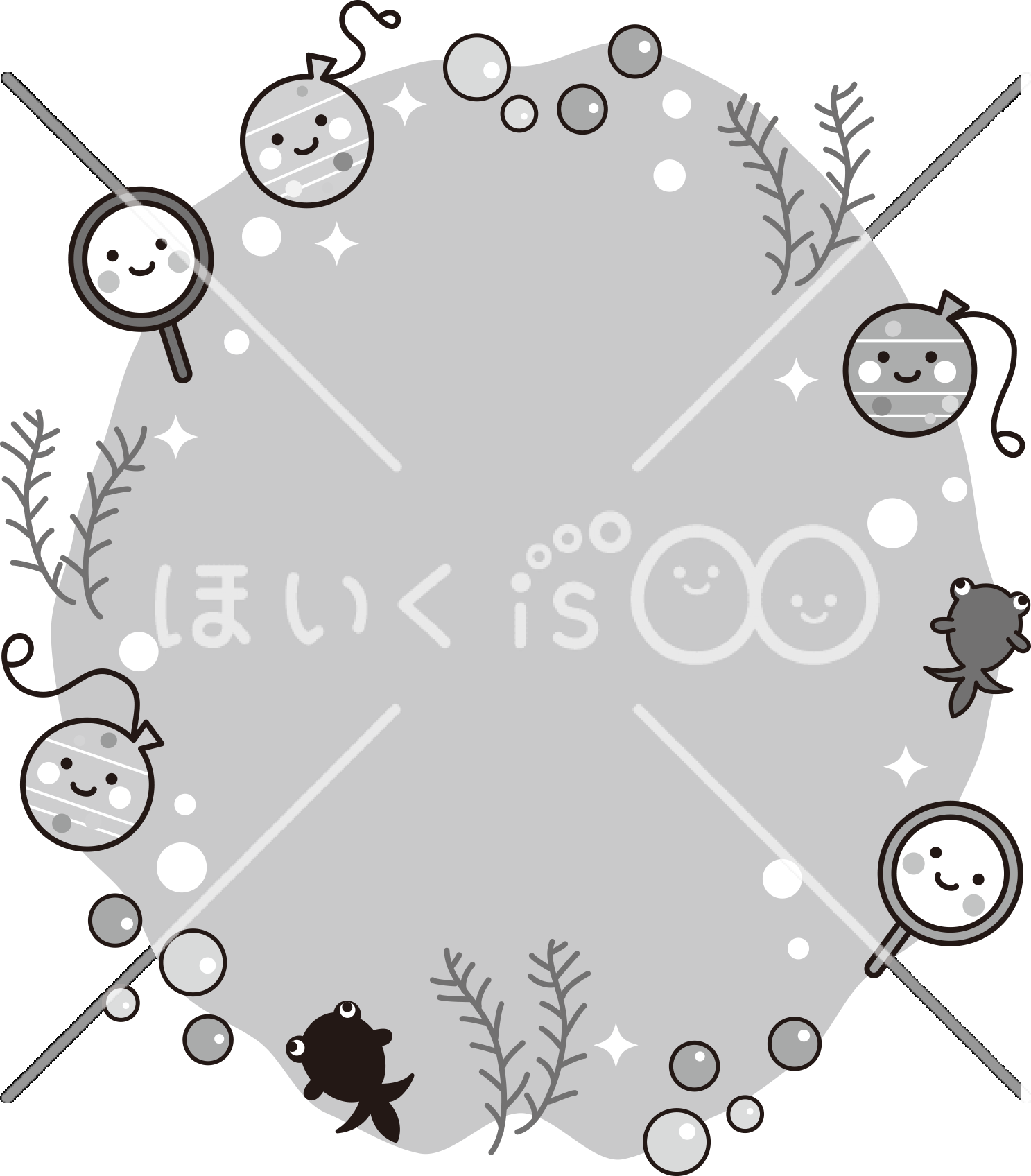 夏祭りのフレーム（モノクロ）｜8月のおたよりイラスト【PNG】