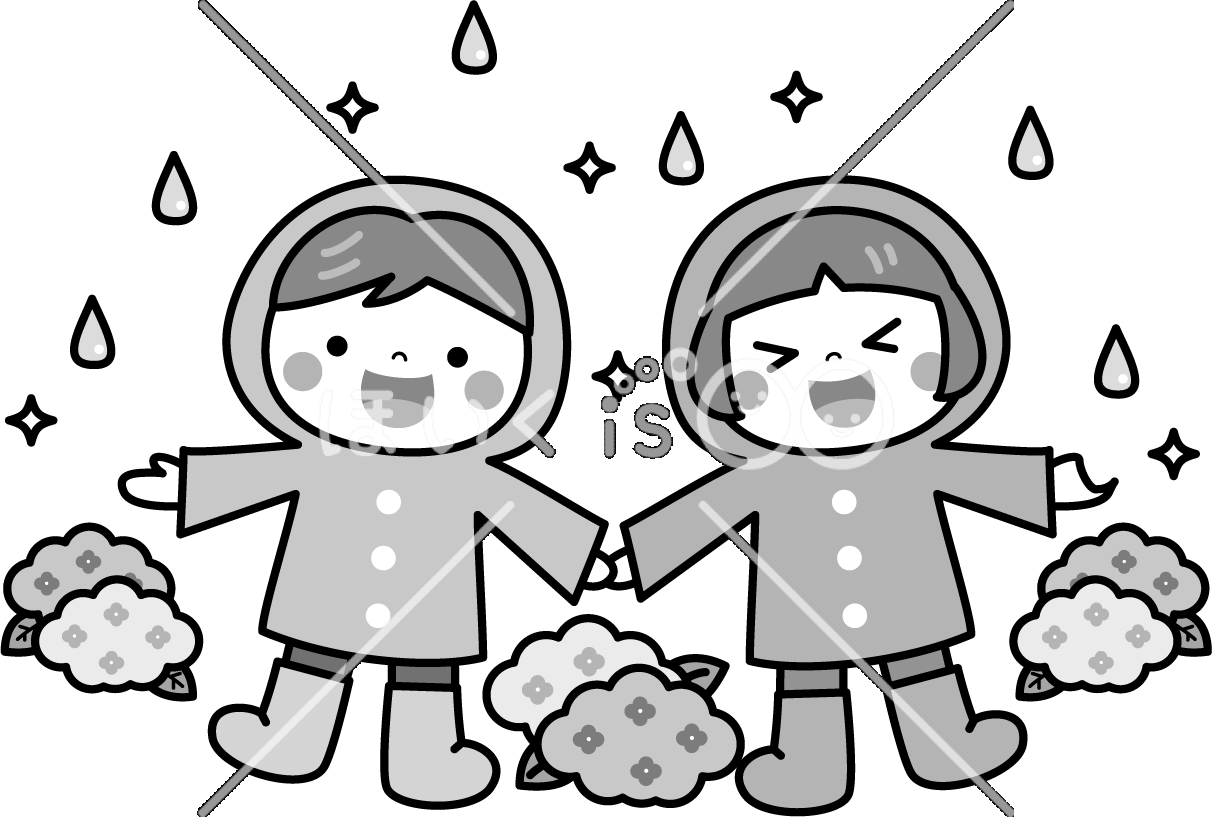 雨の日の散歩（モノクロ）｜6月のおたよりイラスト【PNG】