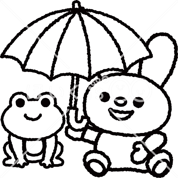 傘をさすウサギとカエル（モノクロ）【イラスト】