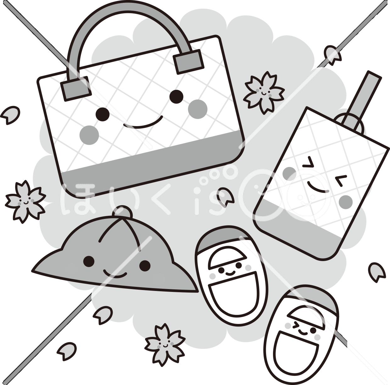 通園グッズ（モノクロ）｜4月のおたよりイラスト【PNG】
