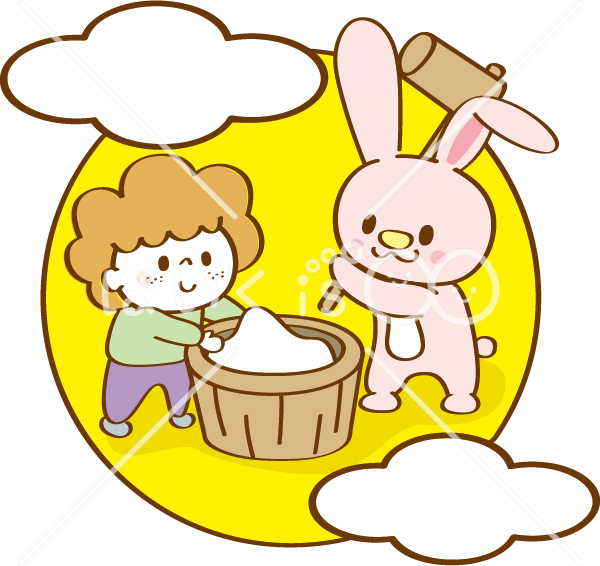 餅つきをするウサギと子ども【イラスト】