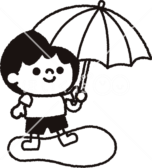 傘をさす男の子（モノクロ）【イラスト】