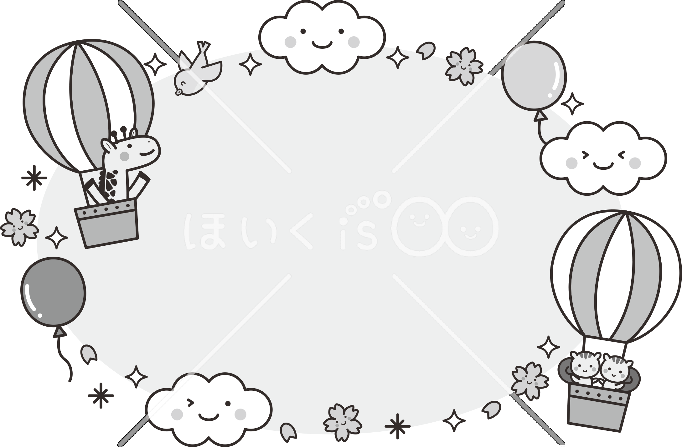 気球のフレーム（モノクロ）｜3月のおたよりイラスト【PNG】