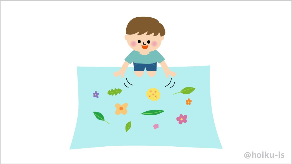 子どもが集めたお花や葉っぱを布の上に広げているイラスト