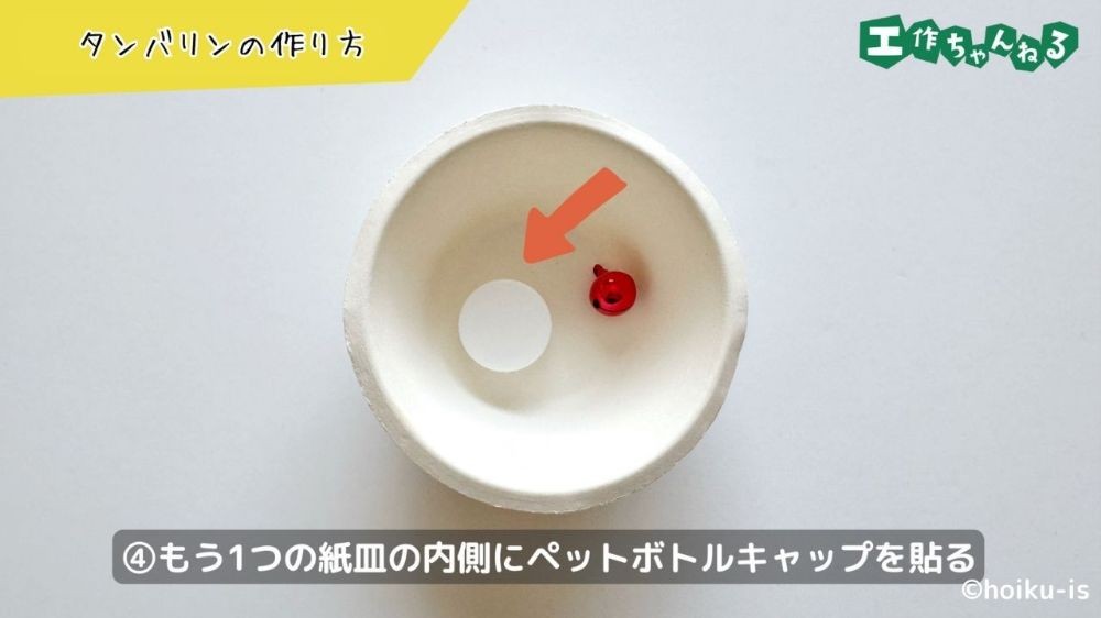ペットボトルキャップを紙皿の内側に貼る