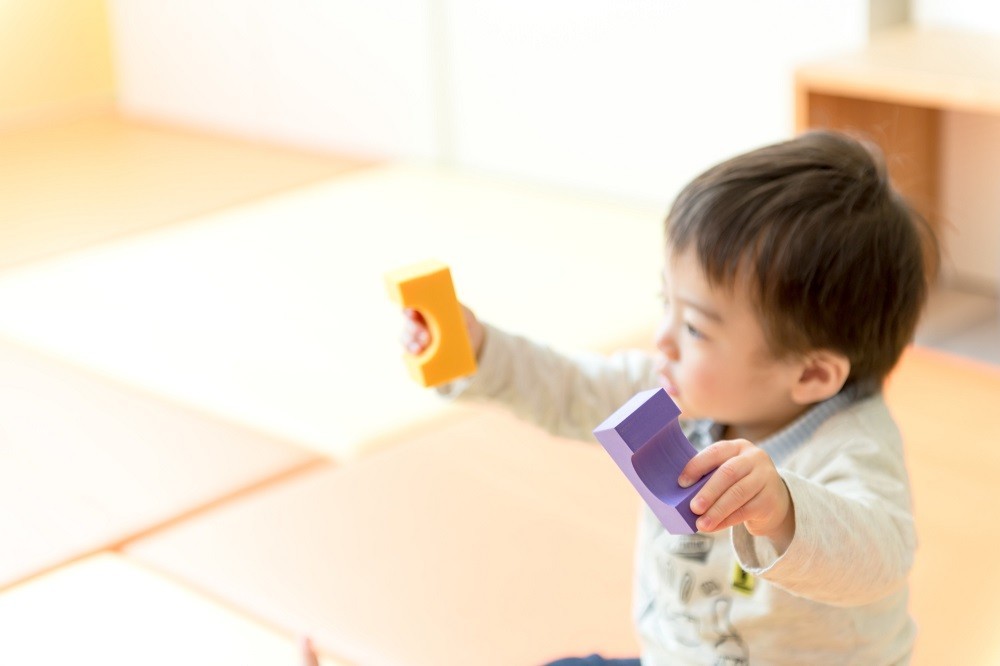 両手に積み木を持って遊んでいる子ども
