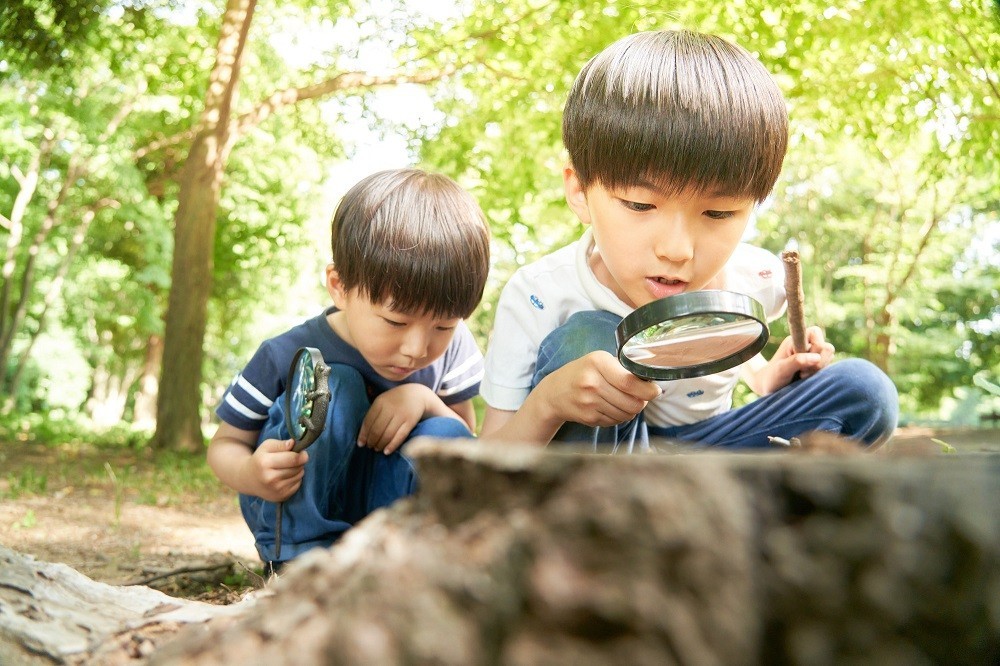 虫眼鏡で自然観察をする子どもたち