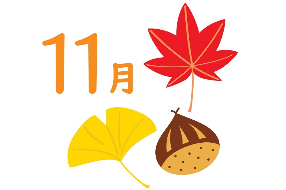 紅葉と栗の実をあしらった11月のイラストイメージ