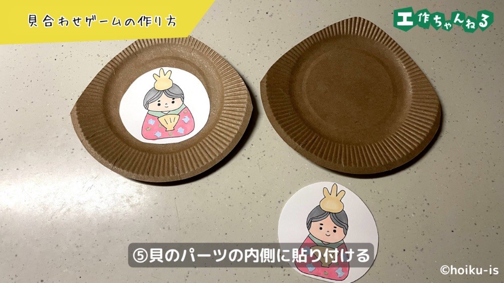 紙皿の内側に絵札を貼り付ける