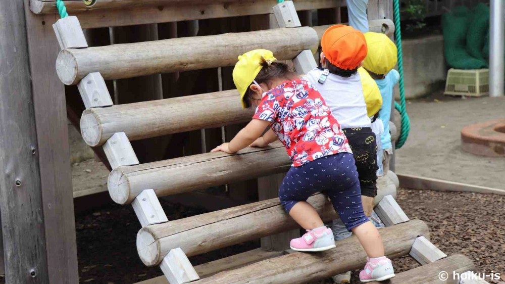 木製の遊具で遊ぶ子どもたち