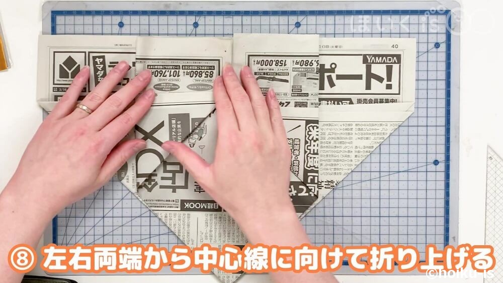 左右両端から中心線に向けて折り上げる