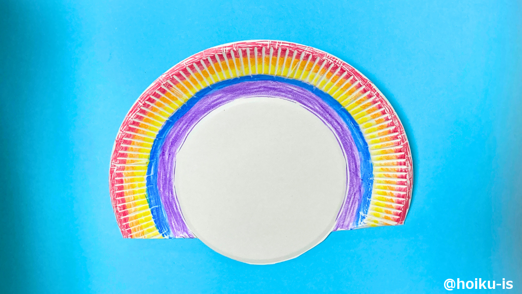 紙皿のフチが虹になるように好きな色を塗る。