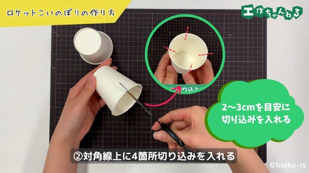 紙コップに切り込みを入れる