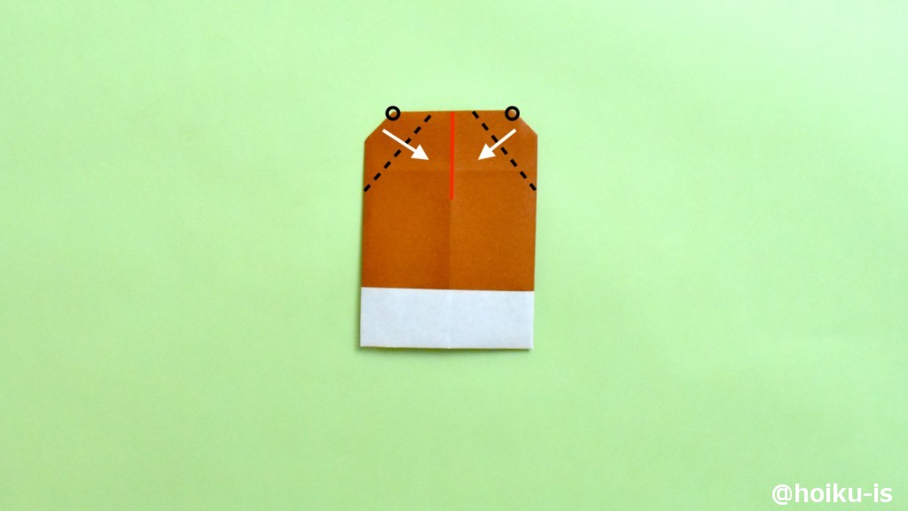 裏返し、中心の赤い線に向かって、角の○印を合わせるように、左右とも点線で谷折りにします。