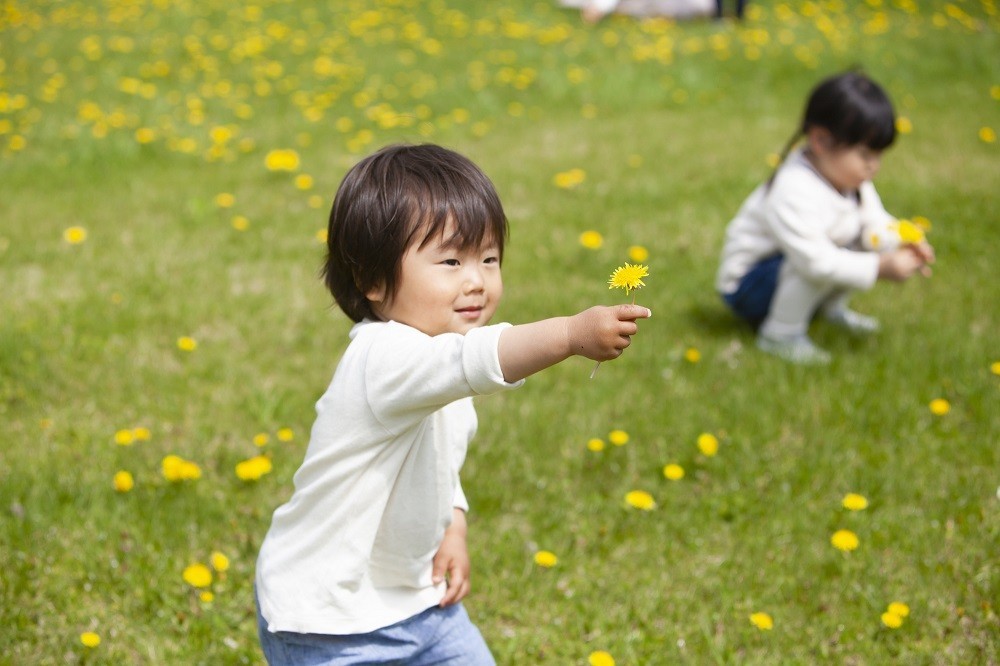 右手に持ったたんぽぽを差し出している子ども