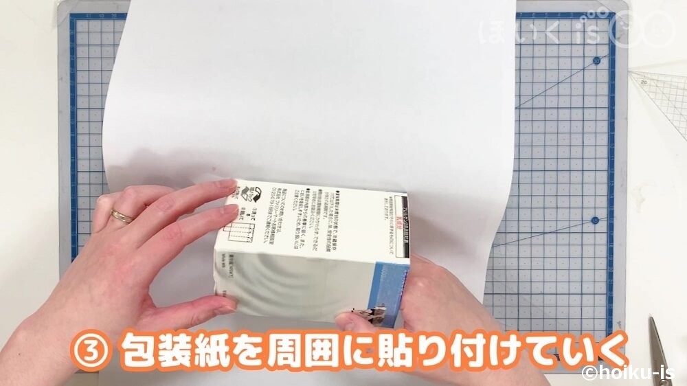 包装紙を周囲に貼り付けていく