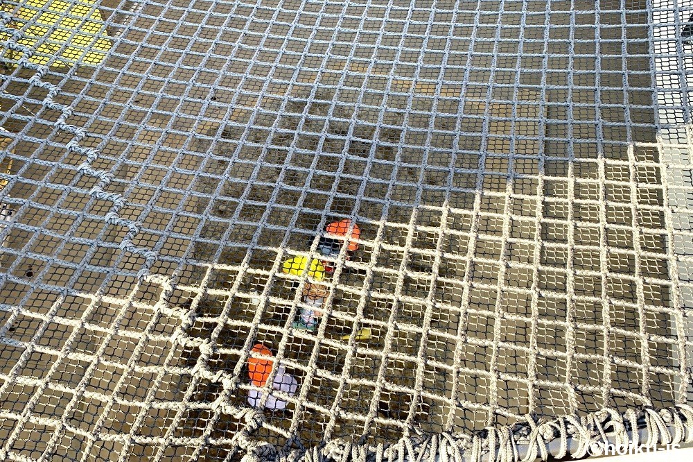 2階のアスレチックネットから見える砂場で遊ぶ子どもたち