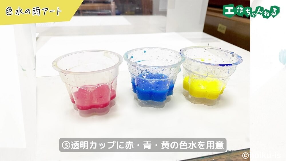 透明カップに赤・青・黄の色水を用意