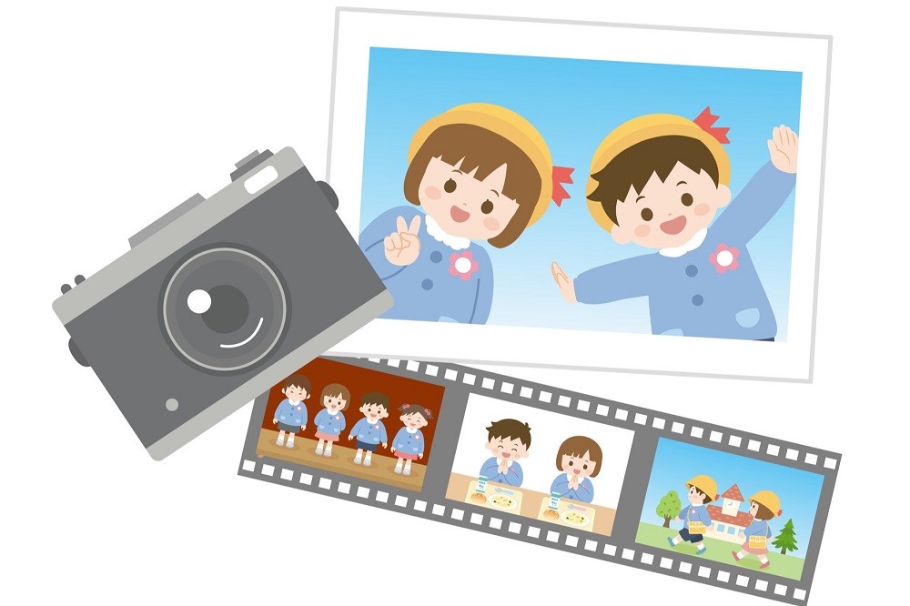 保育園の生活を撮影したカメラとフイルムのイラスト