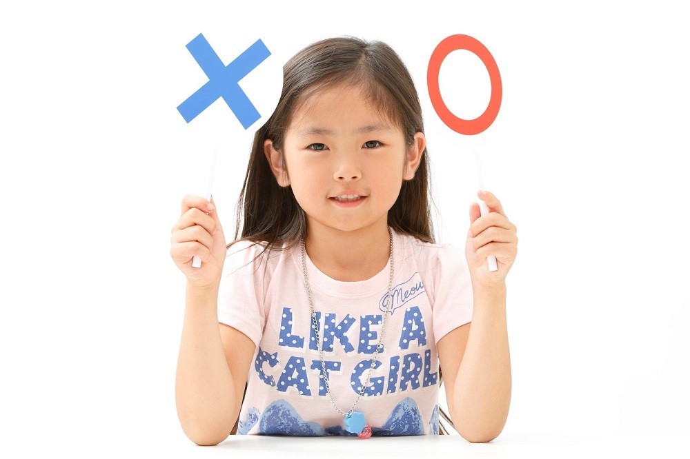 クイズで丸とバツのプラカードを上げる女の子