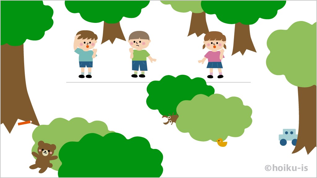 先生が隠したものを子どもたちが探しているところ