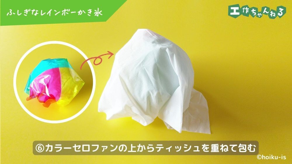 ティッシュで包んだボール大のカラーセロファン
