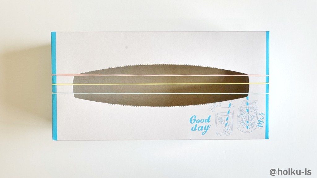 箱に巻くようにして輪ゴムを3本つける