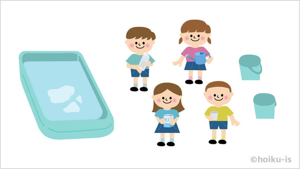 コップなどを持った子どもたちとビニールプールのイラスト