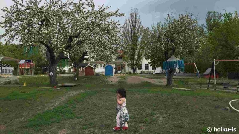 スウェーデンのプレスクールの園庭を歩く女の子