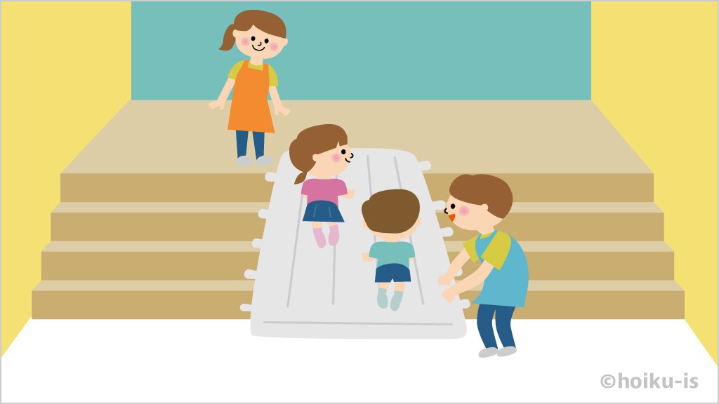 階段マット滑り台を登る子どもたちのイラスト