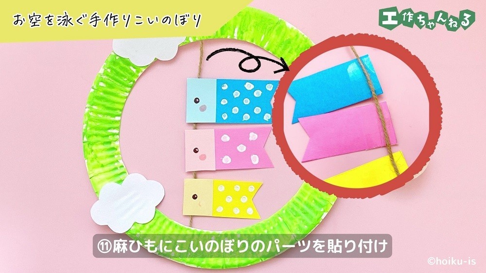 麻ひもにこいのぼりを貼り付けた部分のクローズアップ