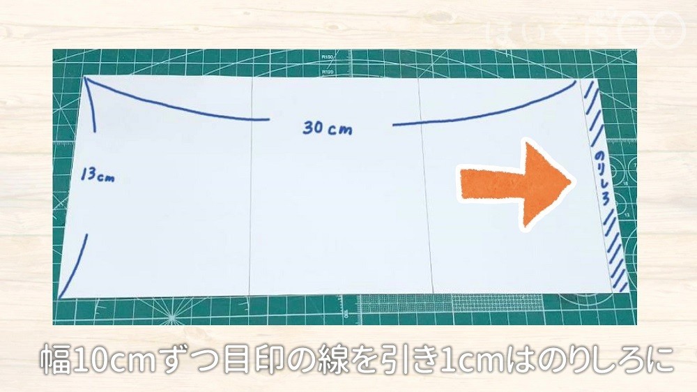 幅10㎝ずつ目印の線を引き1㎝はのりしろに