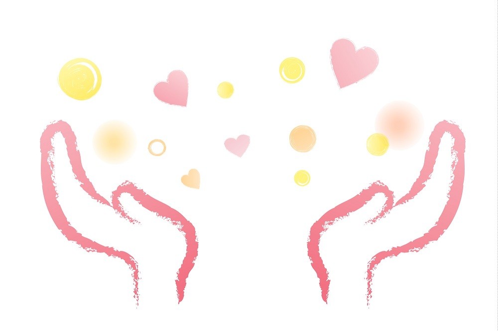 たくさんのハートを包み込む手のイラスト