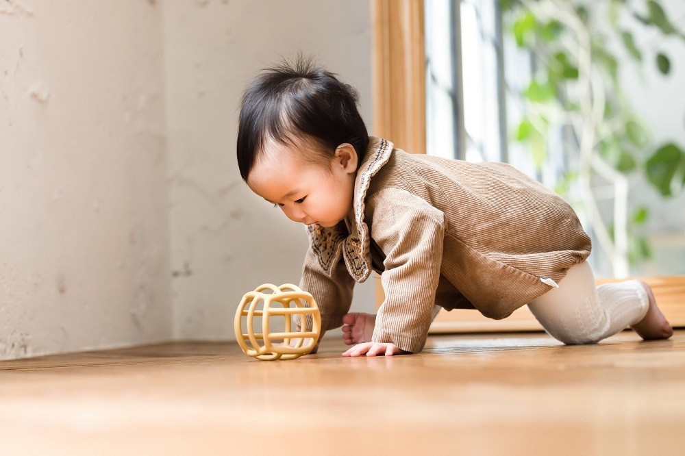 ハイハイの姿勢でおもちゃ遊びをする赤ちゃん