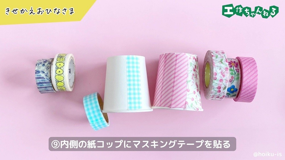 マスキングテープを貼り付けた紙コップ