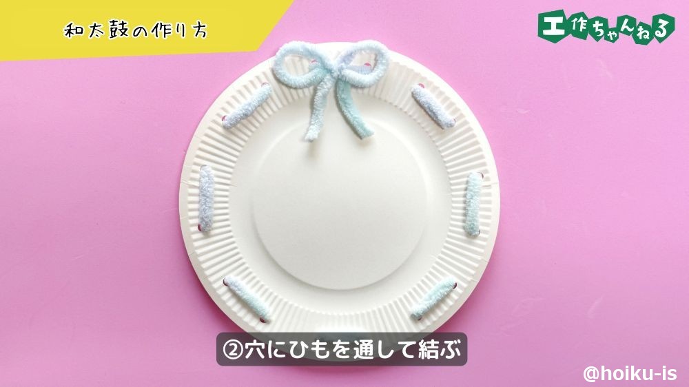 穴にひもを通して結ぶ