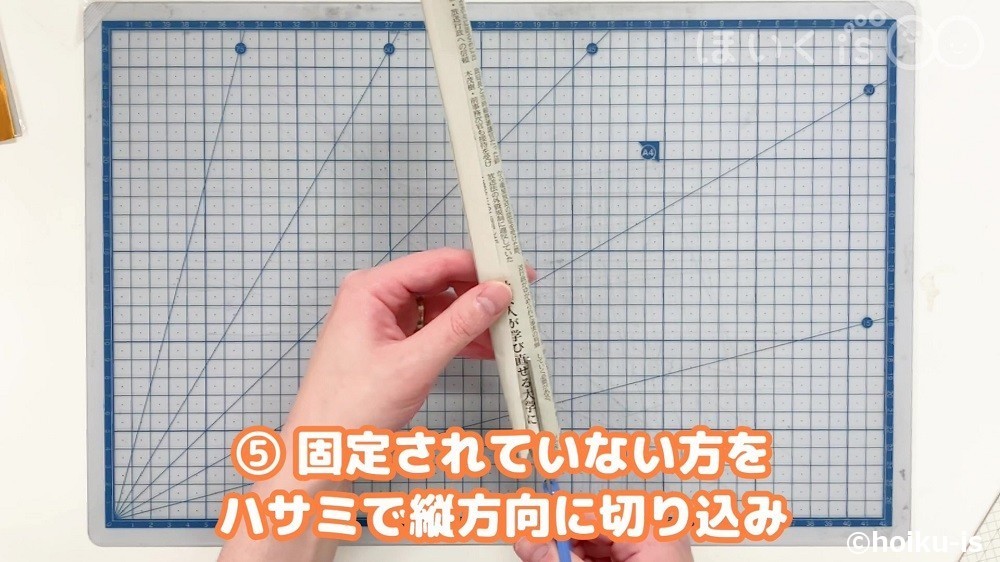 固定されていない方を挟みで縦方向に切り込み
