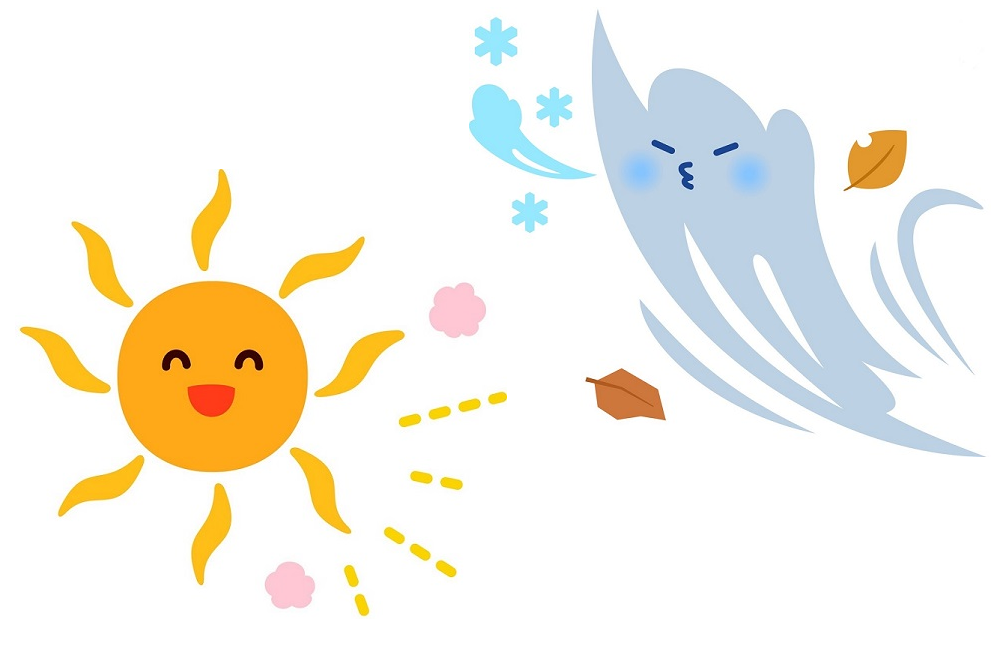 イソップ寓話「北風と太陽」のイラストイメージ