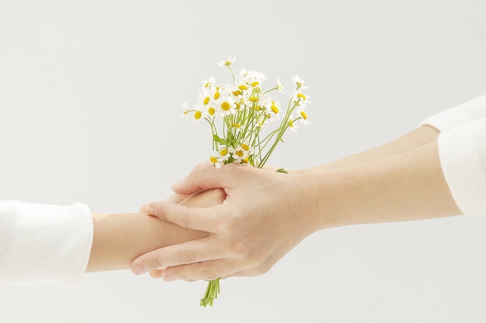 草花を持っている子どもの手を大人の手が包み込んでいるところ