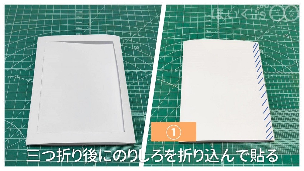 三つ折りの後にのりしろを折り込んで貼る