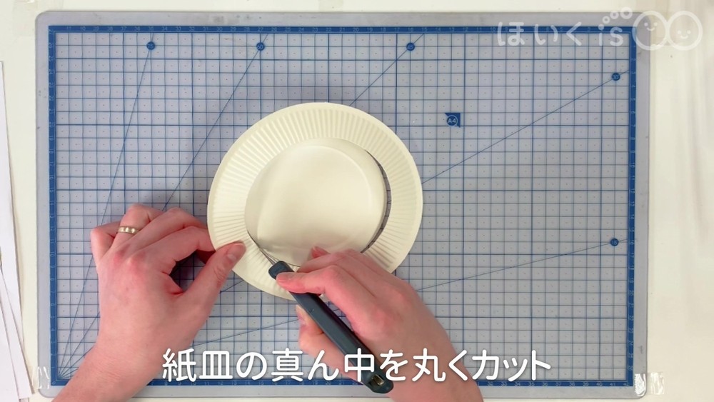 紙皿の真ん中を丸くカット