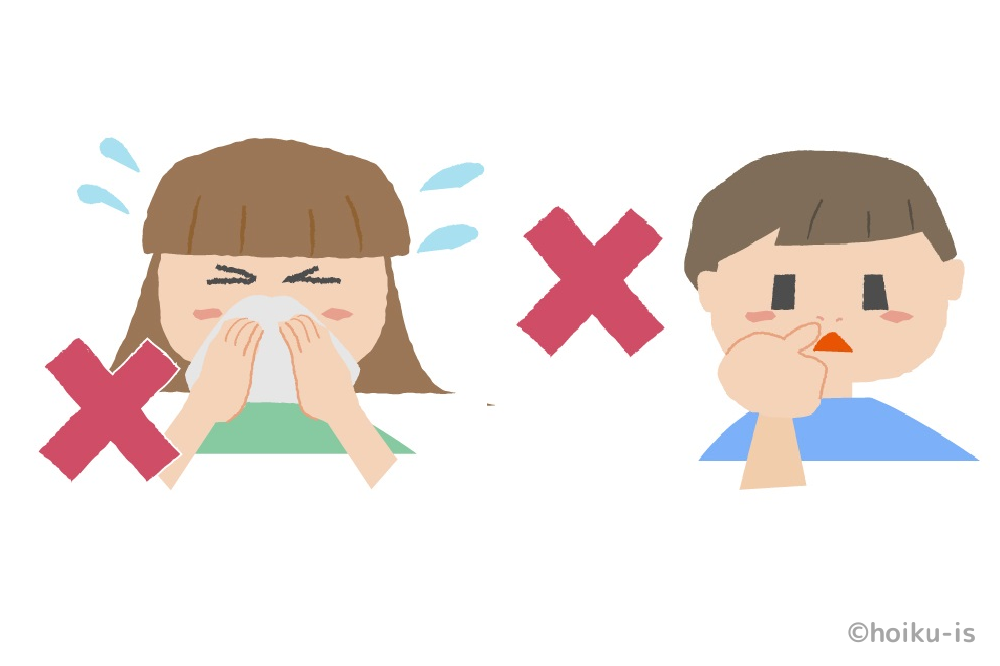 鼻を強くかんでいる女の子と鼻に指を入れている男の子のイラスト