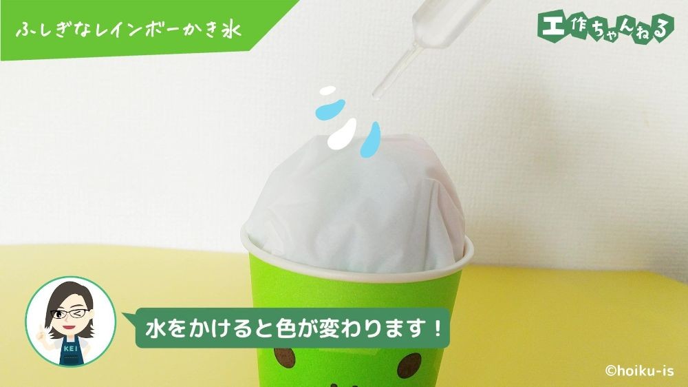 丸めたティッシュに水をかけている様子