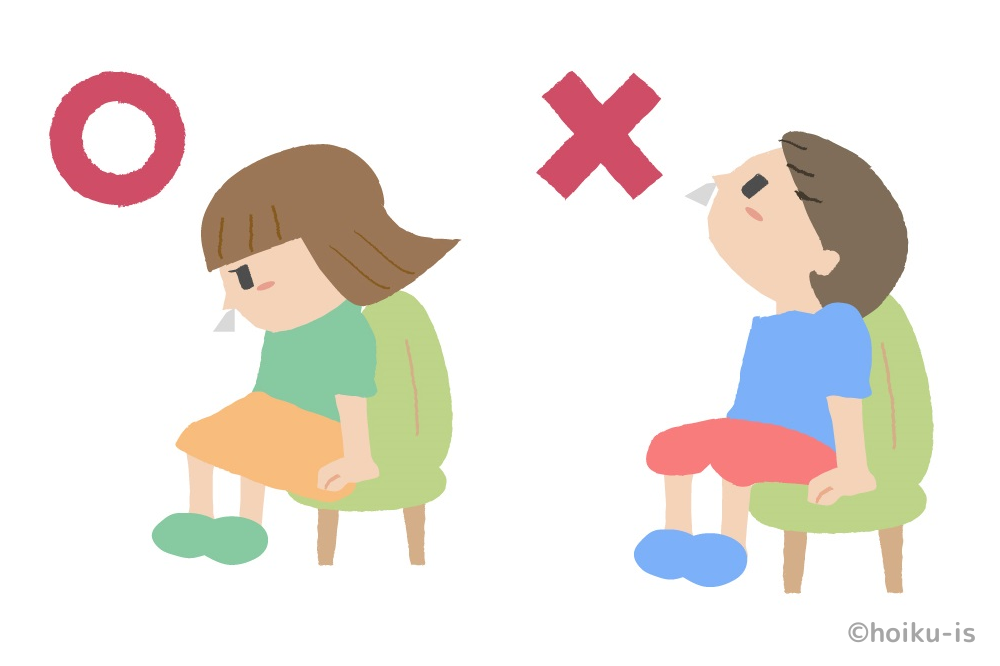 鼻血が出た時の止血の向きを伝えるイラスト