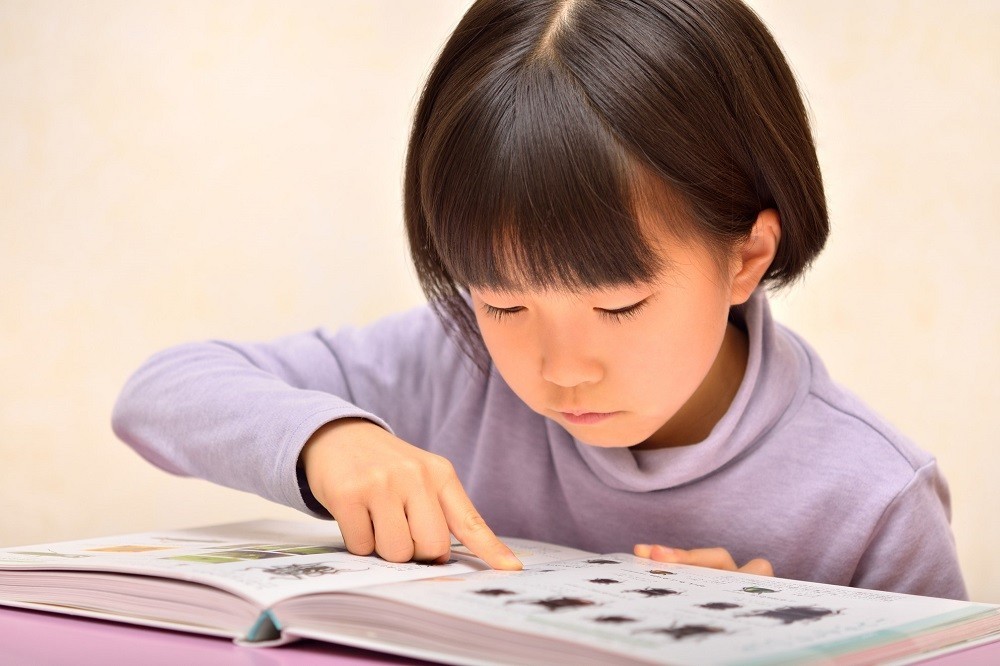 図鑑で調べ物をする女の子